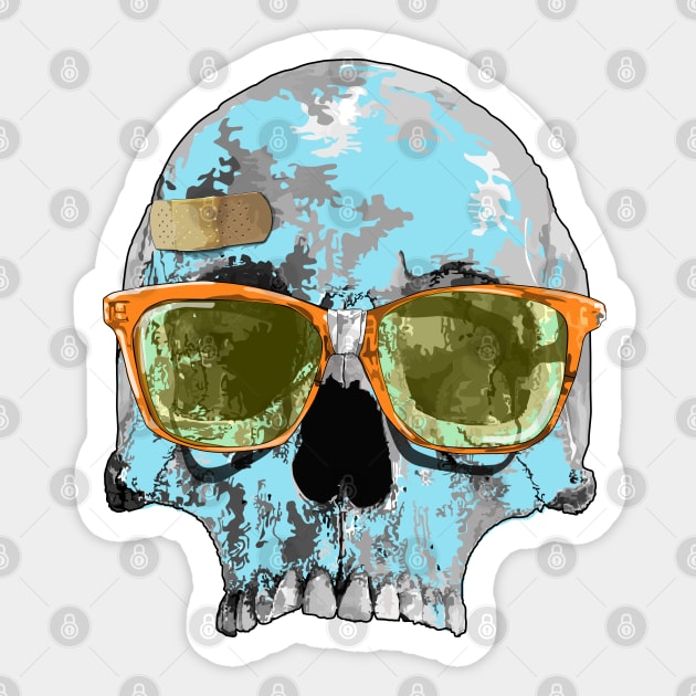 Turquoise skull with plaster bandage and broken sun glasses Sticker by M[ ]